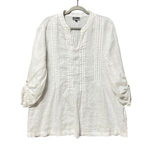 JM Collection Pleated Linen Popover Blouse Size XL White 3/4 Roll Tab Sleeves